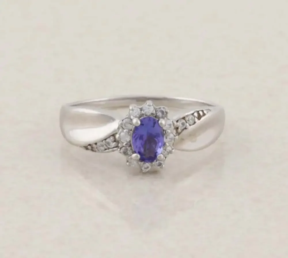 Sterling Silver Natural Tanzanite & White Zircon Ring Size 9 1/4